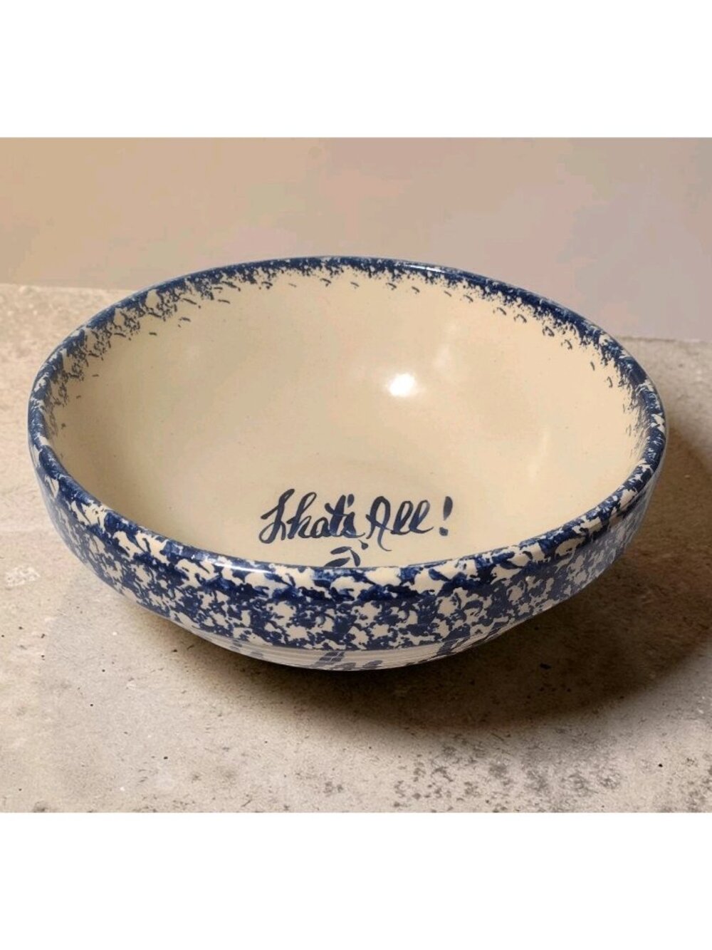 Marshall Pottery Spongeware Stoneware Bowl 12" Popcorn Is For Sharing Script